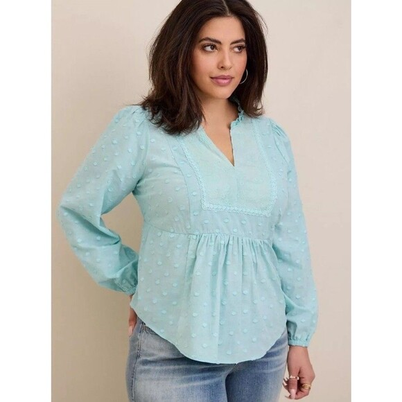 Womens Torrid Blue Clip Dot Mixed Eyelet Yoke Top Size 6X Lace Peasant Blouse - Picture 1 of 7